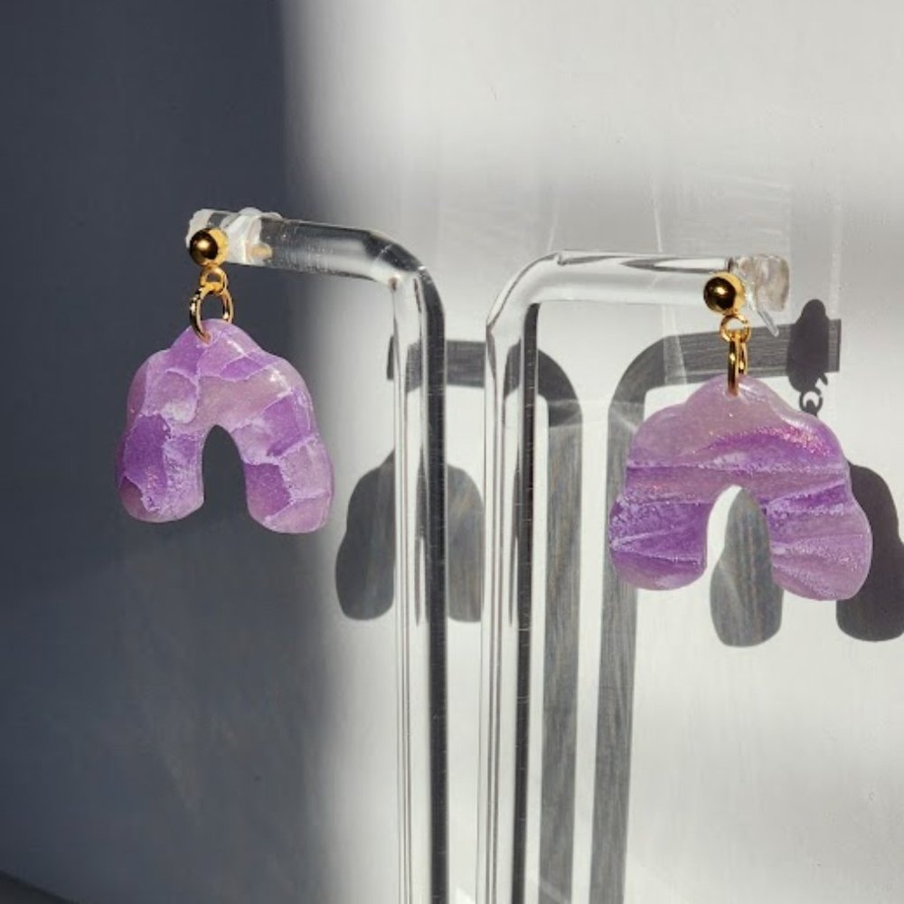 Purple Faux Stone Pedal Arch Polymer clay earrings handmade Lightweight 1.25"